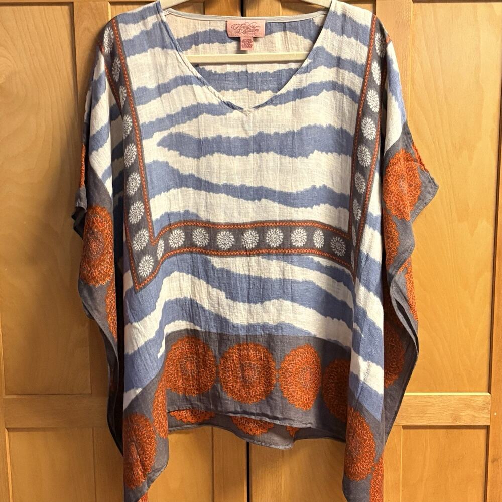 Theodora & Callum Poncho One Size Earth Tones Rust/Blue/Grey V Neck